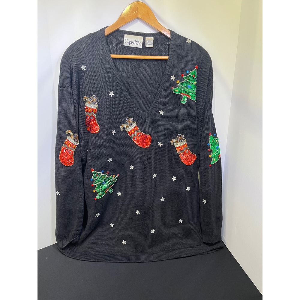 Capistrano Vintage Christmas Sweater Black Sequin Tree Stocking Star Plus 22/24